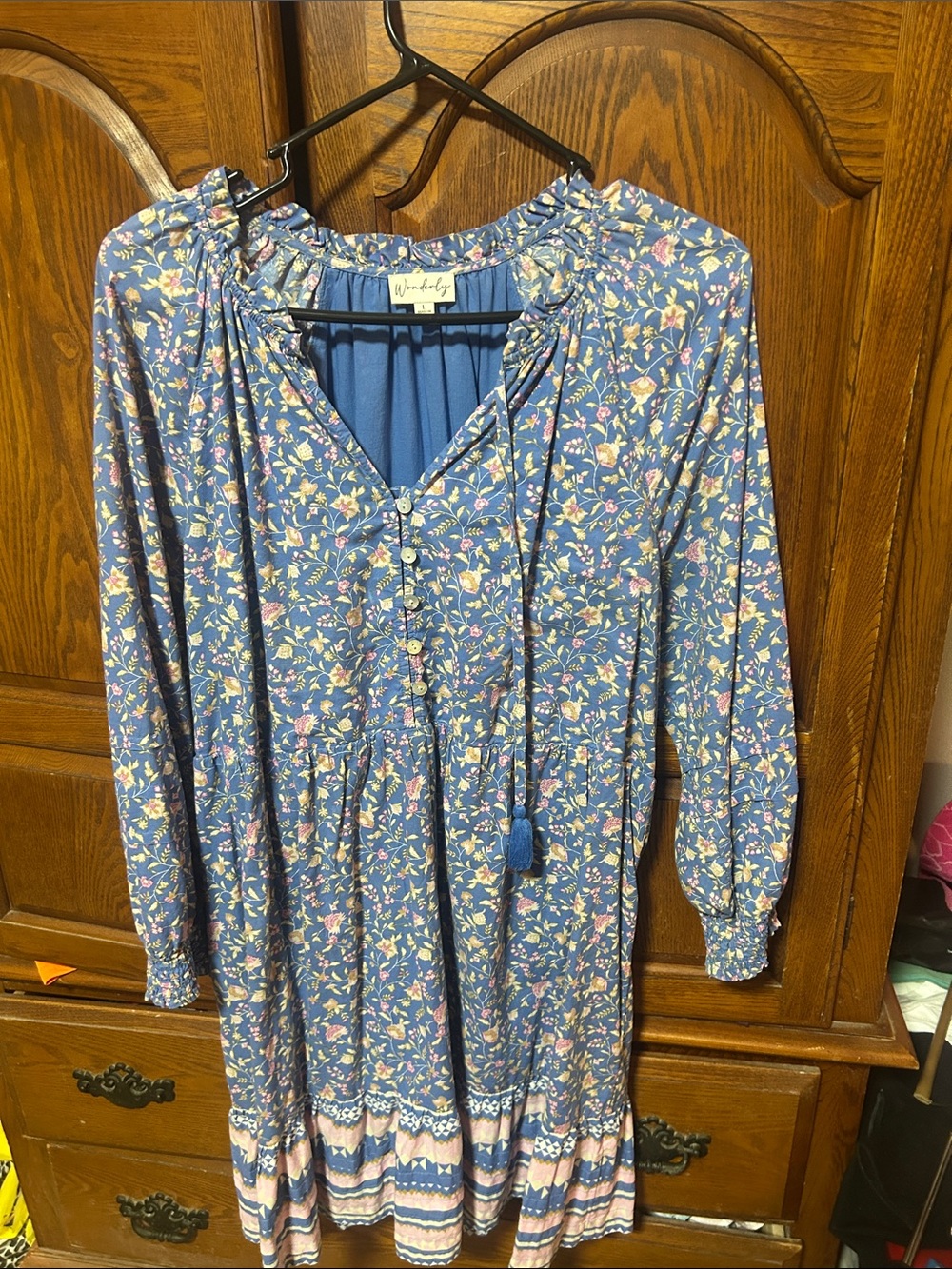 Wonderly Blue Floral Tiered Long-Sleeve Casual Dress